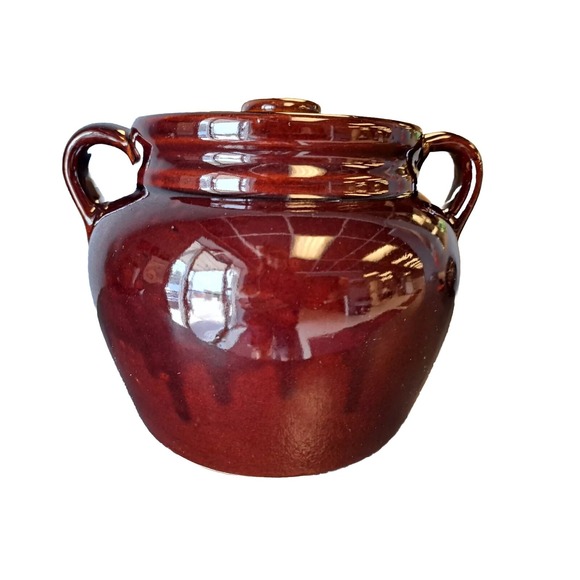 Vintage Stamped USA Stoneware Brown Bean Pot Pottery Canister with Lid - Picture 1 of 8